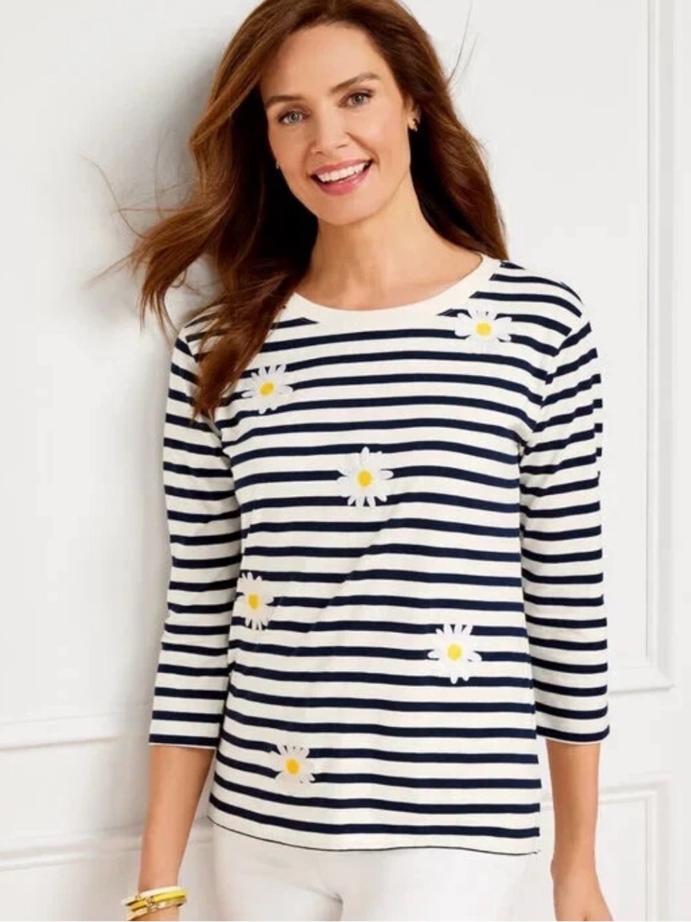 Talbots Striped Embroidered Daisy 3/4 Sleeve Crew Neck Top L